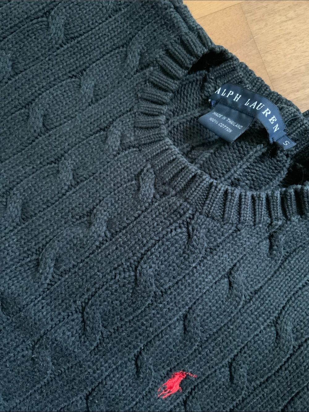 Ralph Lauren black Cable Knit Cotton Crewneck Sweater with red logo SMALL - Picture 3 of 6